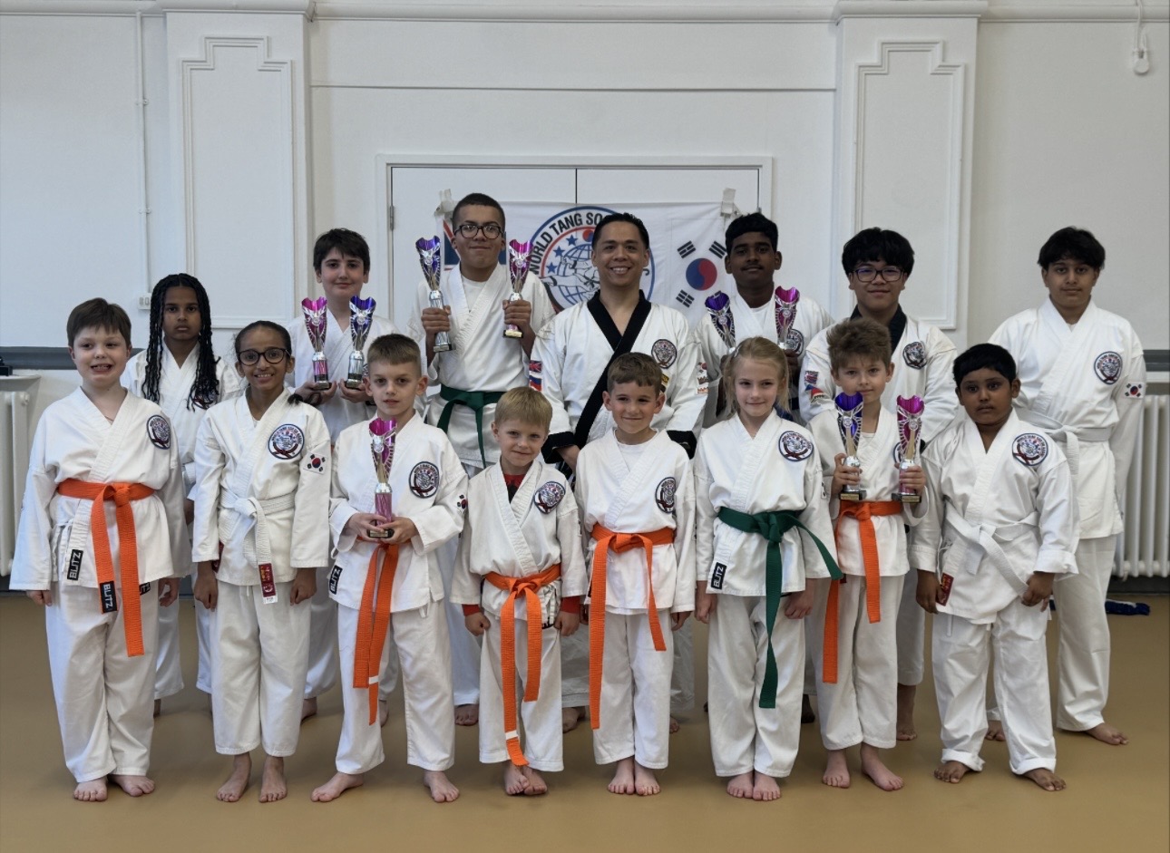 A focused karate practitioner in a dynamic stance.